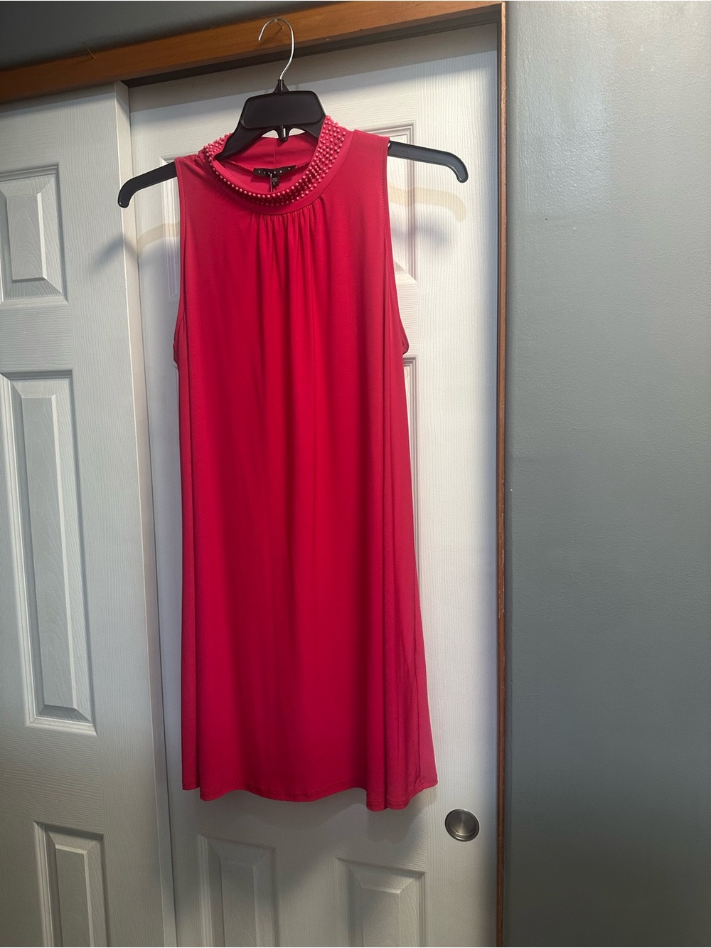 Tiana B. Sleeveless Beaded Mock Neck Shift Dress in Fuchsia Pink